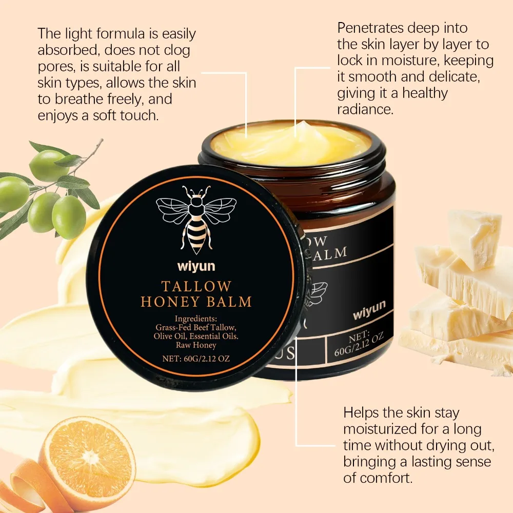 60  Tallow Honey Body Cream Mild Formula Hydrate Firm Skin Calm Irritation Brighten Dull Tone Nourishing Moisturizer