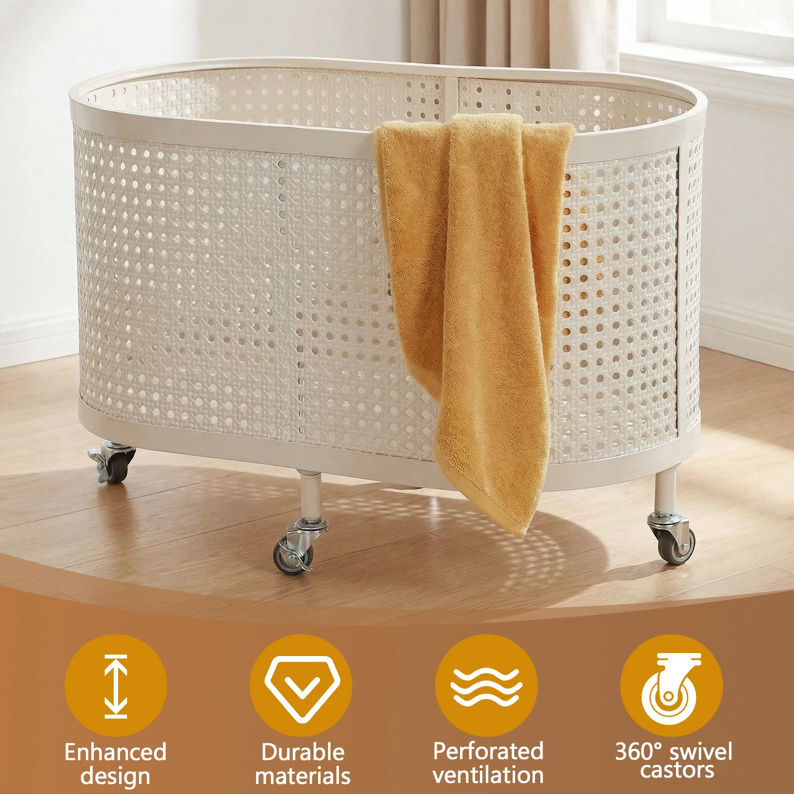 

Metal Baking Varnish Laundry Basket with Wheels Mesh Rolling Laundry Basket Oval Wheeled Hotel Laundry Hamper for Laundry Room