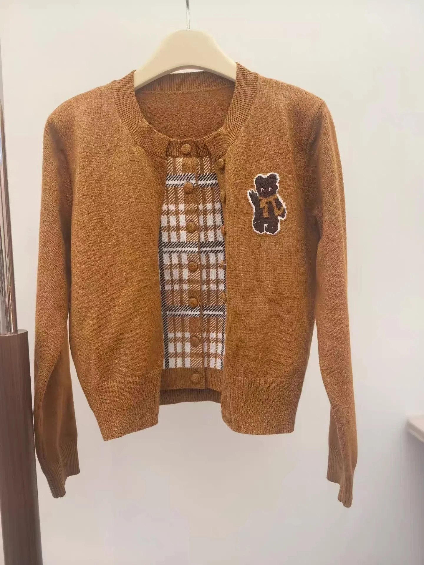 High-End European Style Autumn Winter Plaid Color Block Long Sleeve Knitted Open Cardigan Women's Fashion Elegant Design