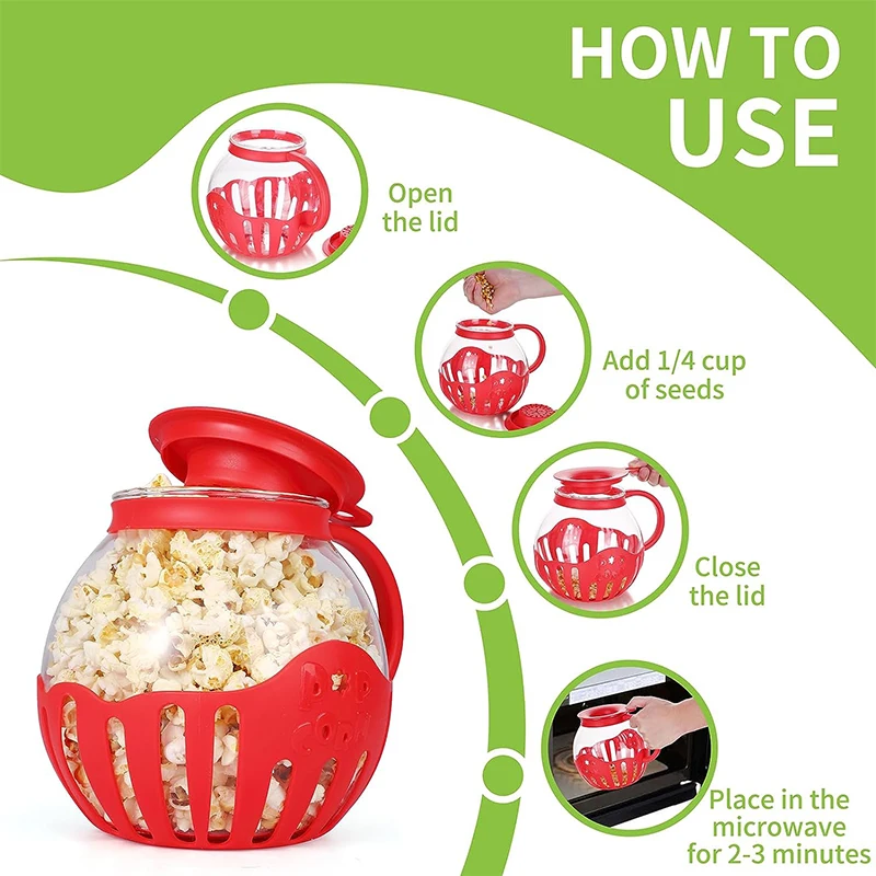 LMETJMA 2.25QT Microwave Glass Popcorn Popper with Silicone Lid Microwave Popcorn Popper with Temperature Safe Glass JT186