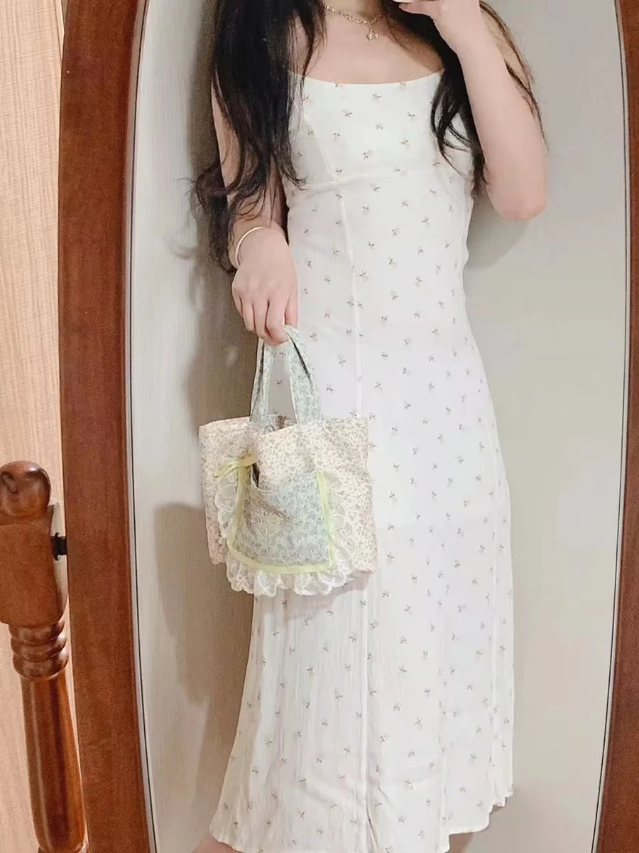 Dulce estampado Floral Sexy espalda descubierta Camis vestido de mujer de verano de gasa de cintura alta sin mangas Vestidos largos Vintage lindo Y2K Vestidos