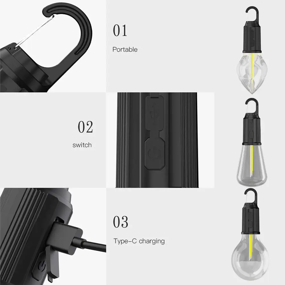 Luz de acampamento portátil 600mAh LED lâmpada de acampamento com gancho lanterna portátil tipo C carregamento à prova d'água para caminhadas e pesca