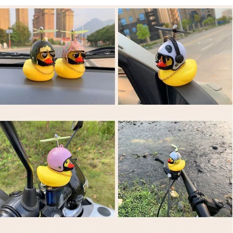 Motorcycle Car Cute Duck with Light Propeller Helmet Bike Rubber Duck Toy Auto Bicycle Bell Yellow Ducky Decor Ornaments