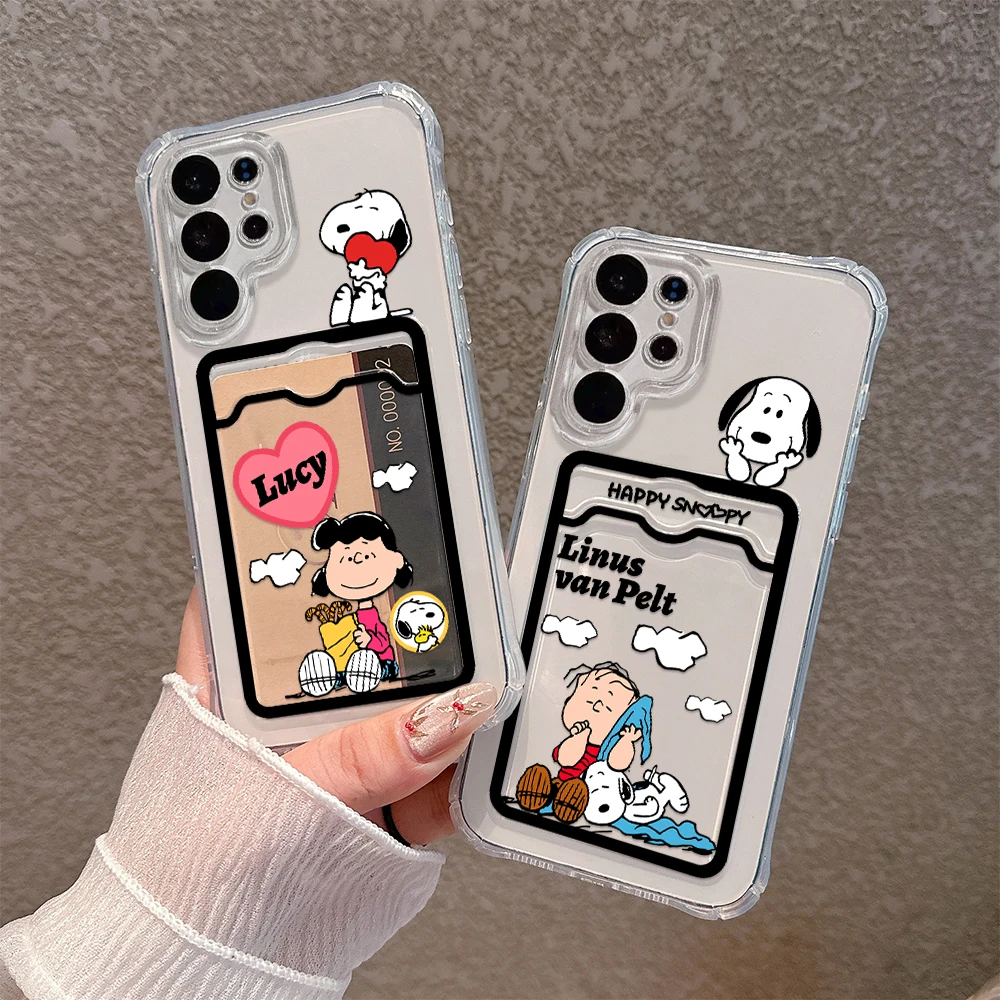 Cartoon Cute S-Snoopies Card Hold Phone Case for Samsung S24 S23 S22 S21 S20 FE Plus Ultra M33 M53 M54 5G Anti-fall Clear Cover