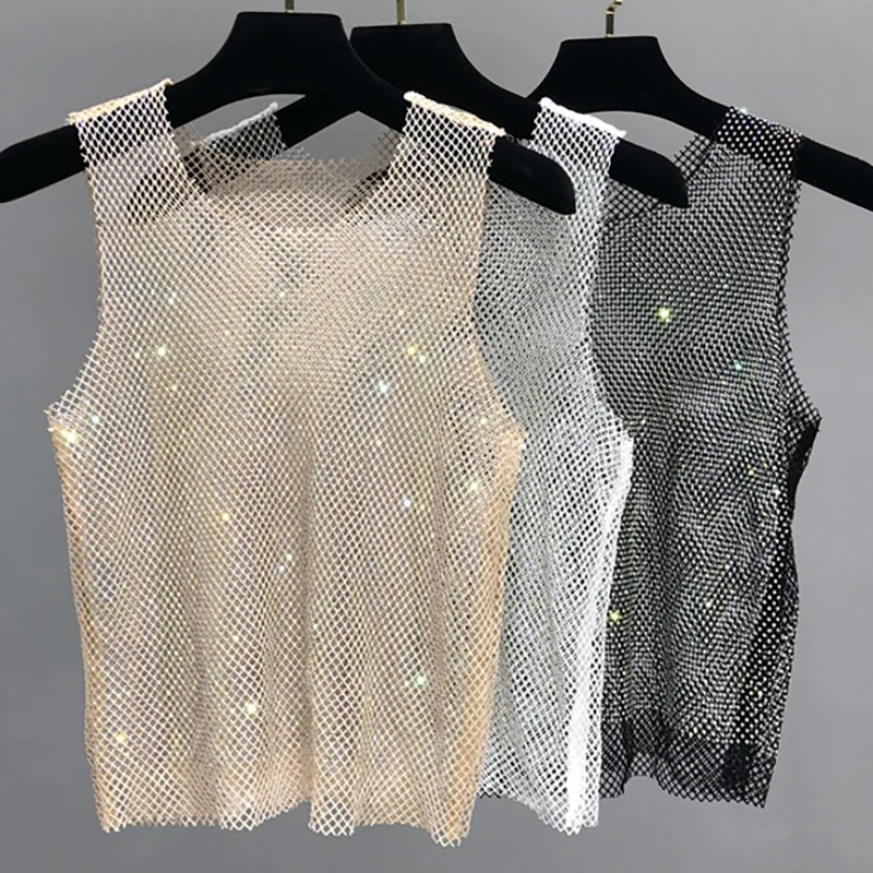Glitter Crystal Beading Shiny Tanks y2k tops Party Club Sexy Hollow Out Diamonds Sleeveless Vest For Women Beach Party Nightclub