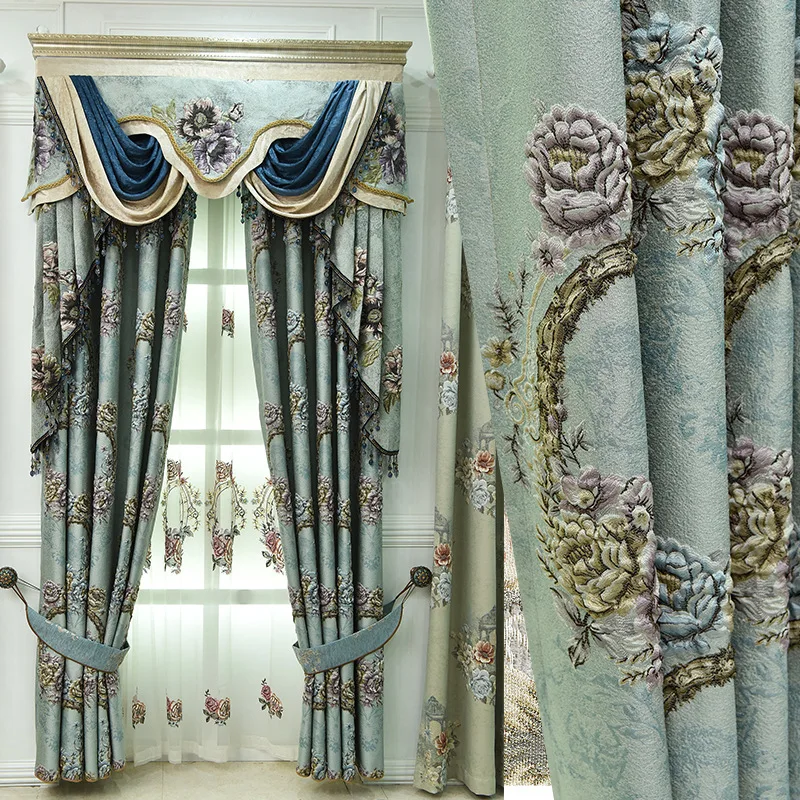 

Custom American relief jacquard Chenille living room window blue cloth blackout curtain tulle valance drape C1679