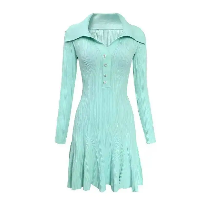 คุณภาพฤดูใบไม้ร่วงElegantเสื้อโปโลแขนยาวถักชุดผู้หญิงปุ่มจีบเสื้อถักถักเสื้อกันหนาวชุดสั้น