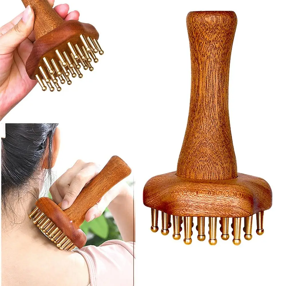 Draagbare houten massageborstel Houten handvat 24-tanden Messing Gua Sha Massage Tool Huidschrapen Koperen kop Meridiaan Massager