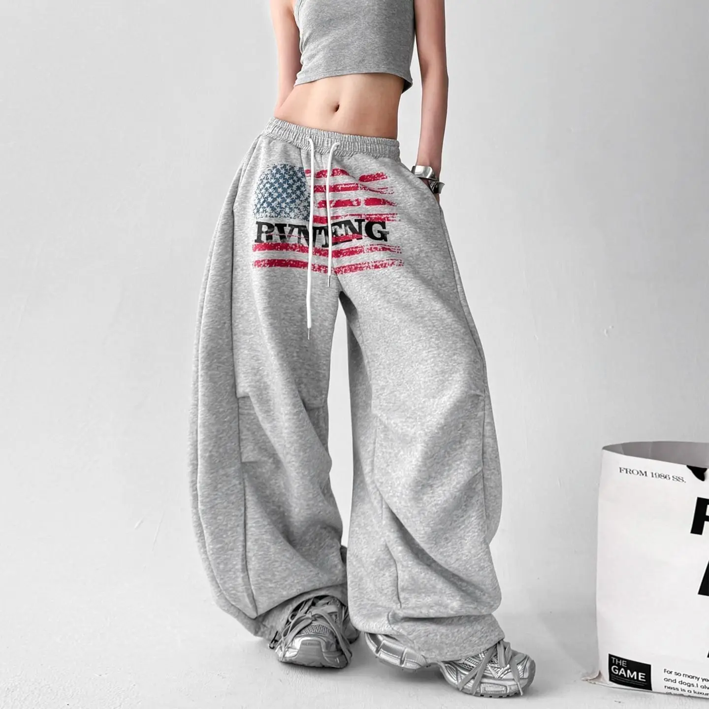 Calça Scimitar feminina bordada outono vintage lã forrado carga grande ao ar livre pernas largas à prova de vento multibolsos