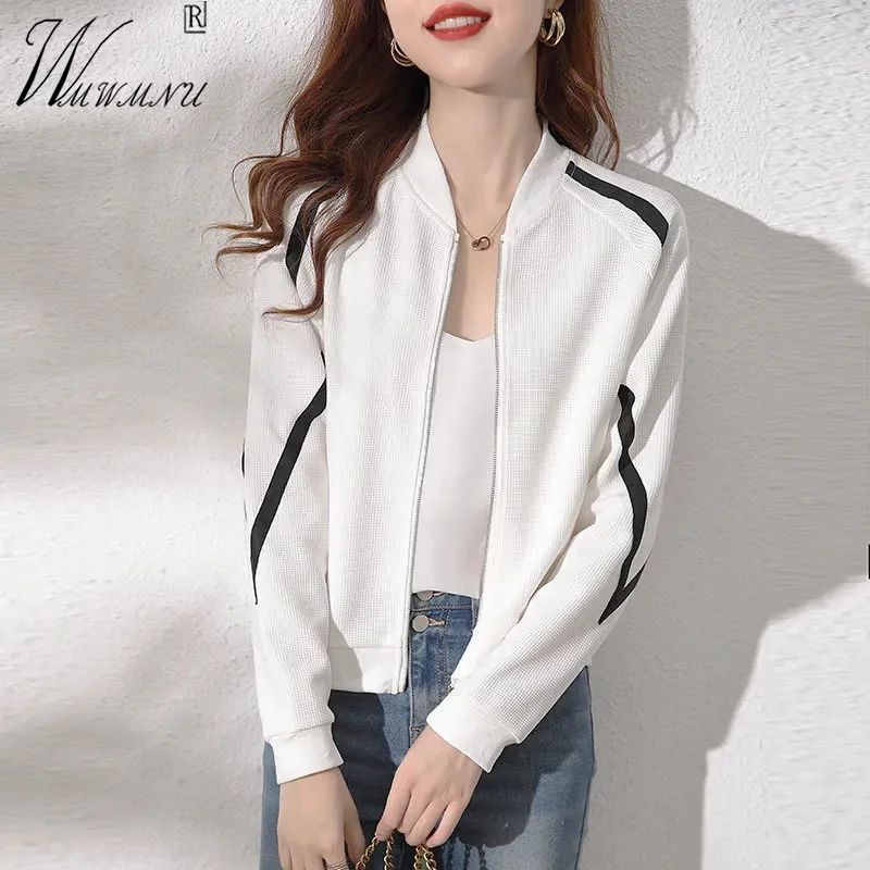 Fashion Patchwork Bomber Jackets Black Women Loose Coat Casual Sport Cropped Chaquetas Zipper Baseball Collar Spring Outwear