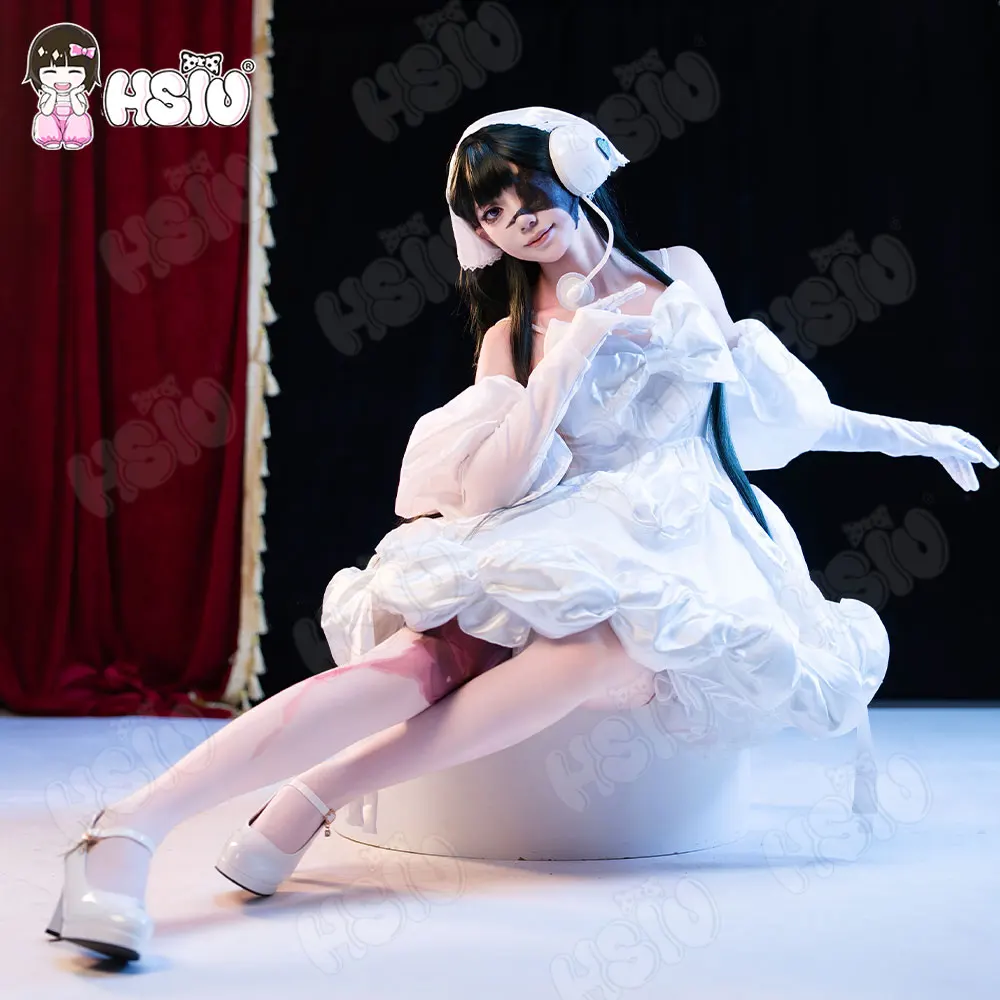 HSIU Alien Stage Sua Cosplay Costume Set White Dress & Short Black Synthetic Wig Anime Role‑Play Outfit with Free Wig Cap
