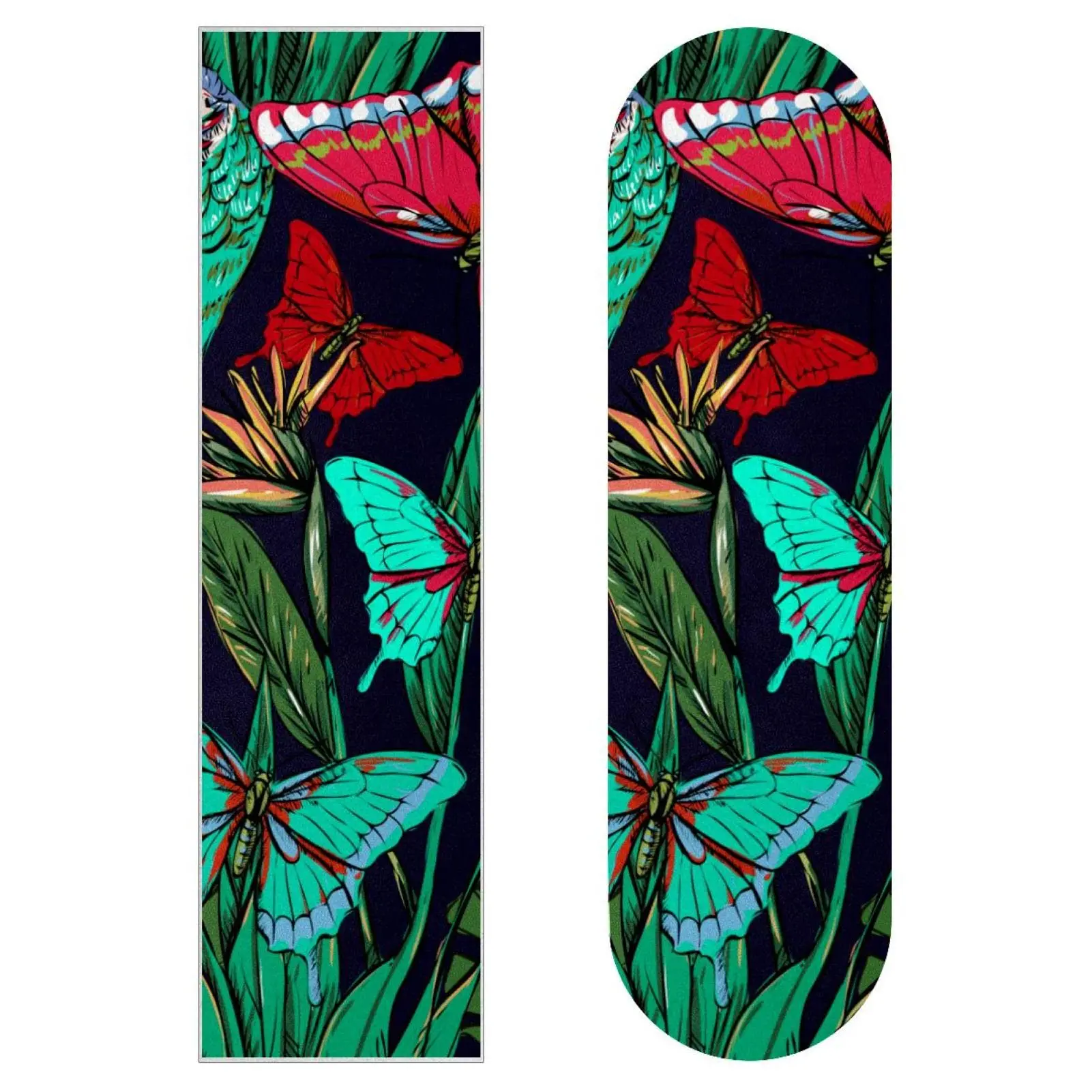 Cinta de agarre para monopatines, diseño de The Parrot with Butterfly Jungle, Longboard, papel de lija antideslizante, pegatina para monopatines,