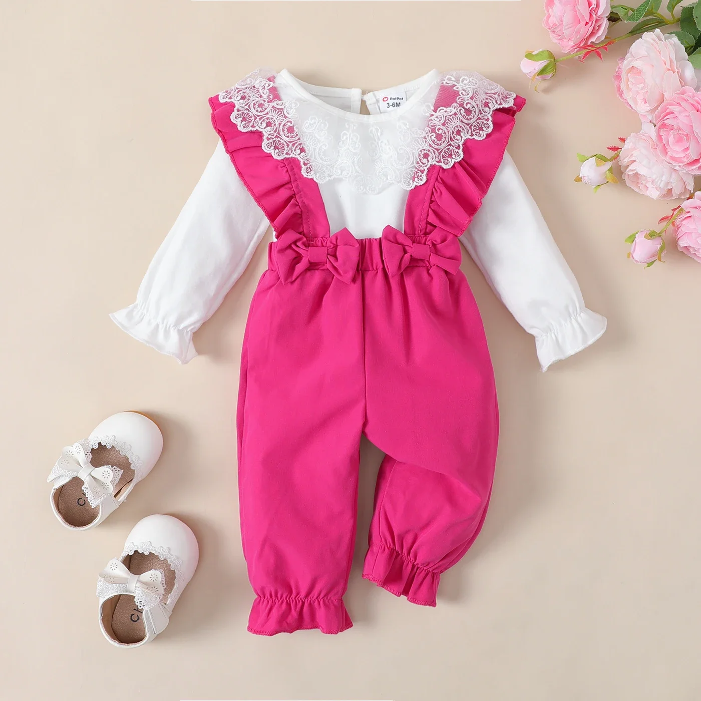 PatPat 2pcs Baby Girl Lace Ruffle Long-sleeve Top and Bow Decor Overalls Set Suitable for Summer Season Soft and Comfortable