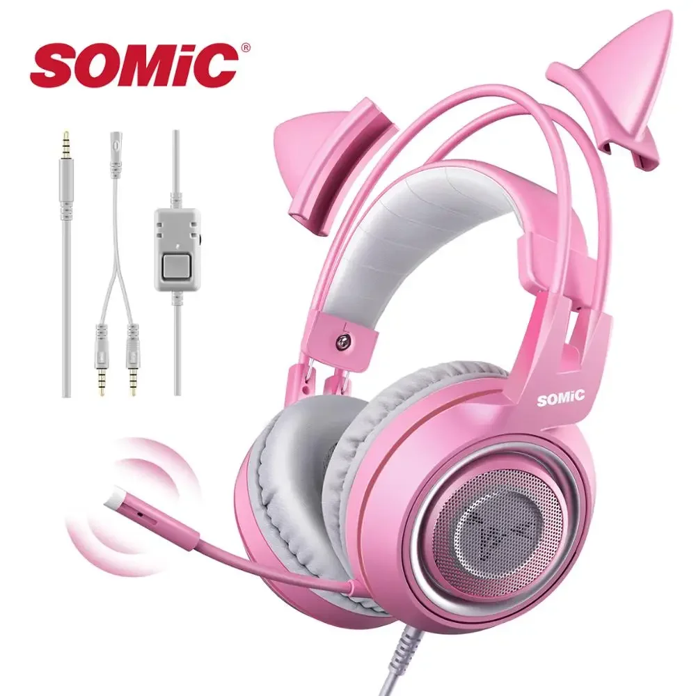 Somic g951s fone de ouvido para jogos com microfone 3.5mm gamer rosa pc bonito gato fone de ouvido com fio para ps4 telefone rosa overear gamer