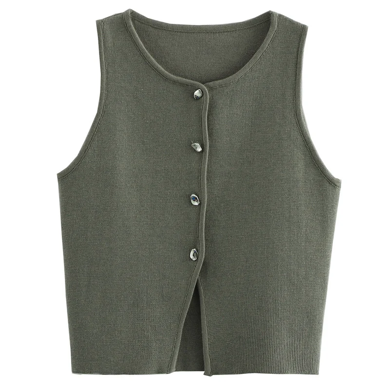 HXAO Rhinestones Button Vests Women\'s Vest Crop Knit Top Women O-Neck Sleeveless Short Sweater New In Knitwear Eleagnt Waistcoat