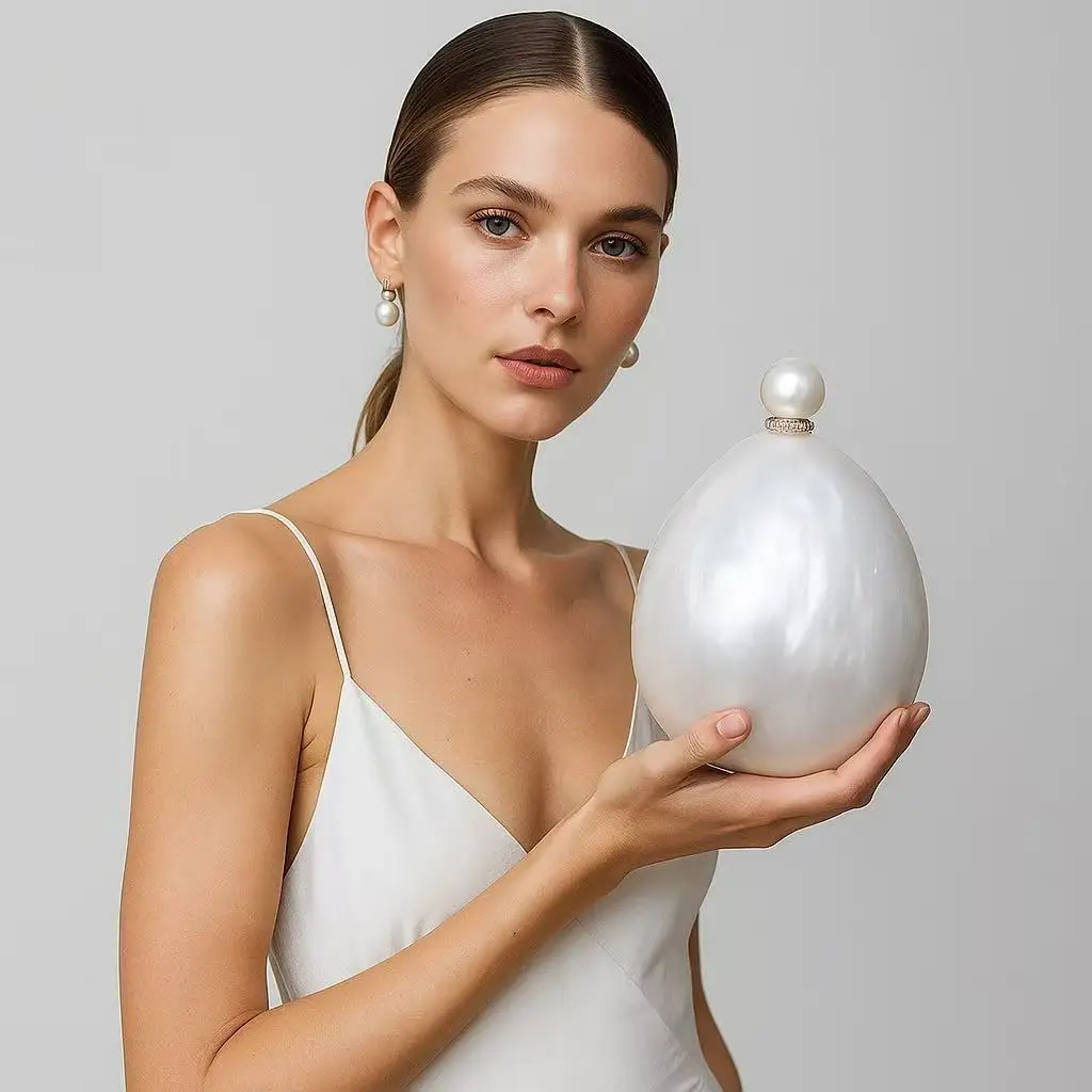 

Women Luxury Bead Handle Women's Handbag Wedding Prom Purse Clutch Bags Marble White Pearl Acrylic Goose Egg Evening Clutch Bag