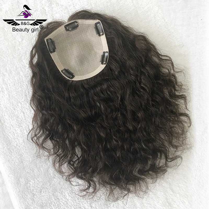 

Ready To Ship Natural Curly Remy Chinese Human Hair Medium Brown Silk Base Women's Topper Short Hair 14 Inch