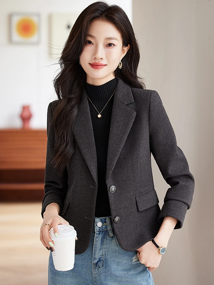 

Black Woolen Suit Jacket Women's Short Style Spring Autumn High End Brand Mom's Suit Commute Style Slim Fit Long Sleeve