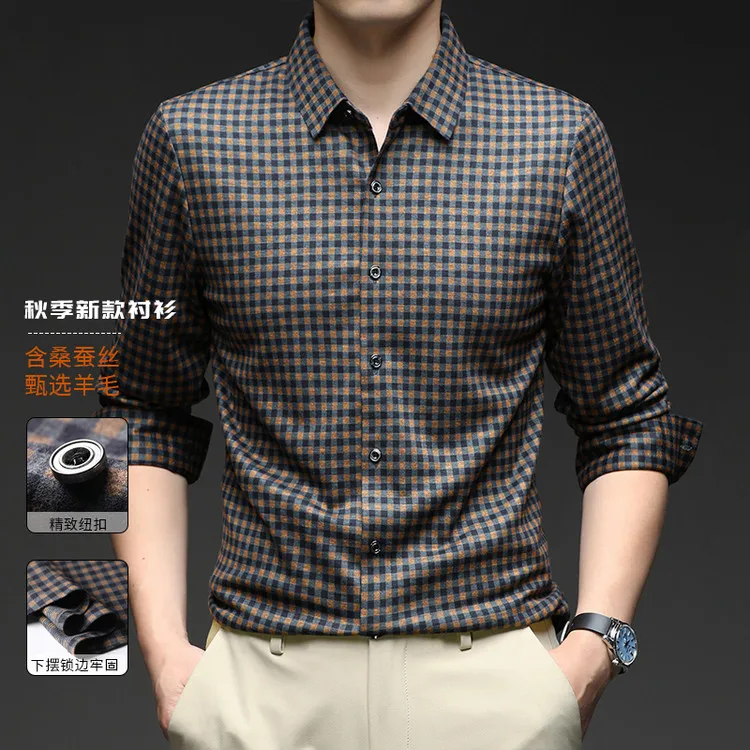 

77% Polyester 21.2% Viscose 0.7% Wool 0.6% Mulberry silk Furted shirt 2025 Men Autumn Shirt Long Sleeve Plaid Tops