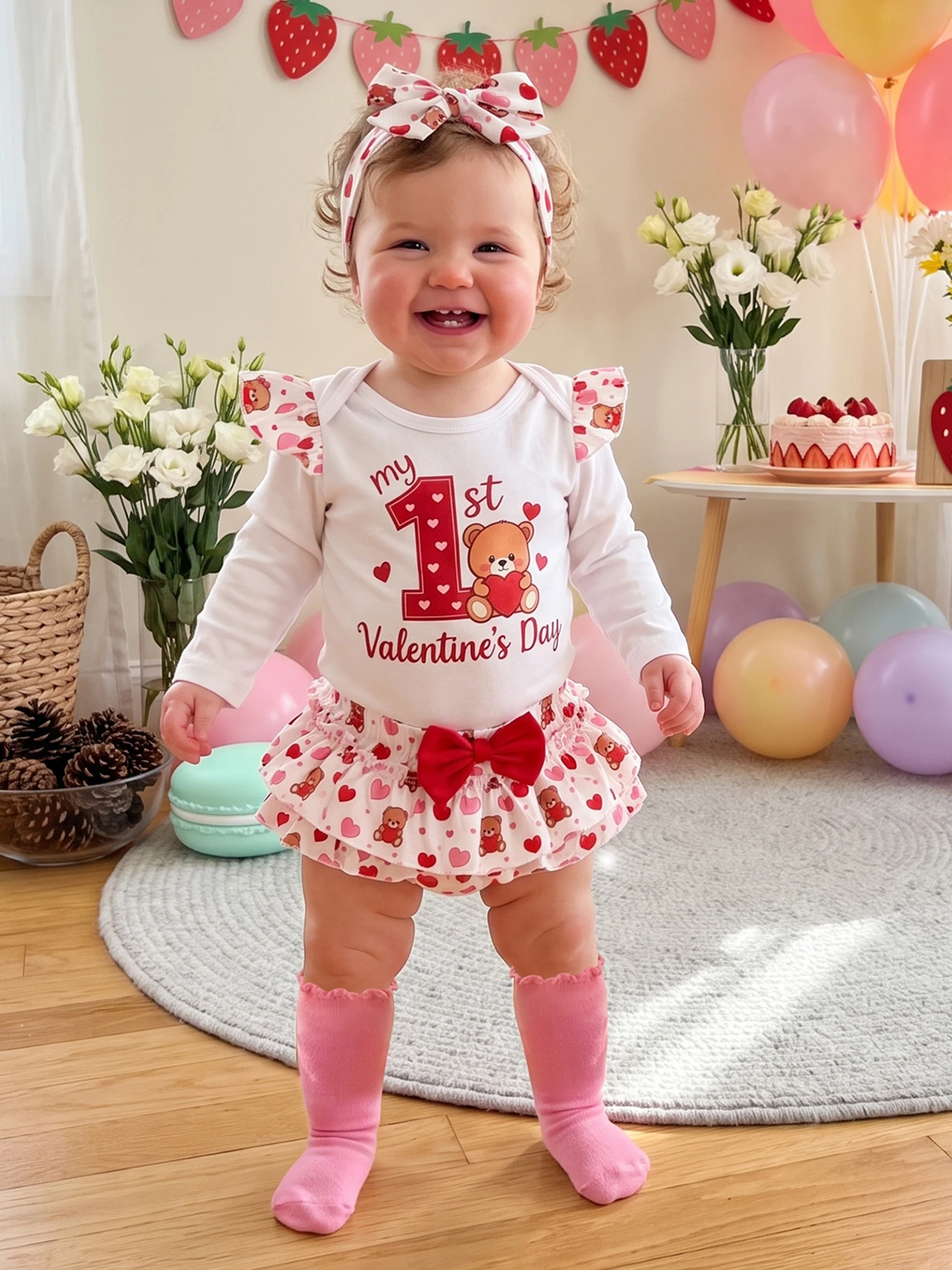 Romper Shorts Stockings Outfit Heart Bear Romper Day Outfit Bear Shorts Baby-Girl-Valentines Baby Girl Valentines