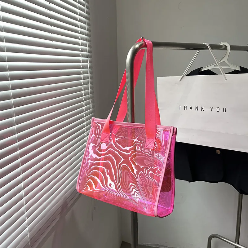 Pvc Transparent Handbag Candy Color Clear Handbag Large Capacity Waterproof Shoulder Tote Lady Shopper Bags Summer Beach Clutch