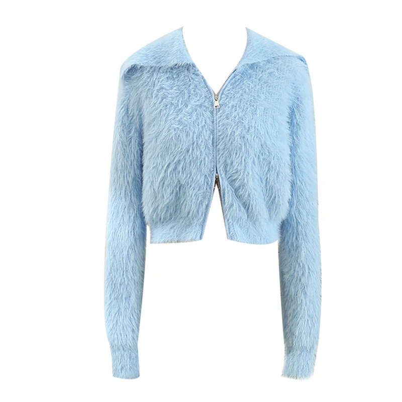 Female Outerwear Top Loose Zipper Sweater With Turn-down Collar Spring And Autumn Women's Versatile Fluffy Knitted Cardigan