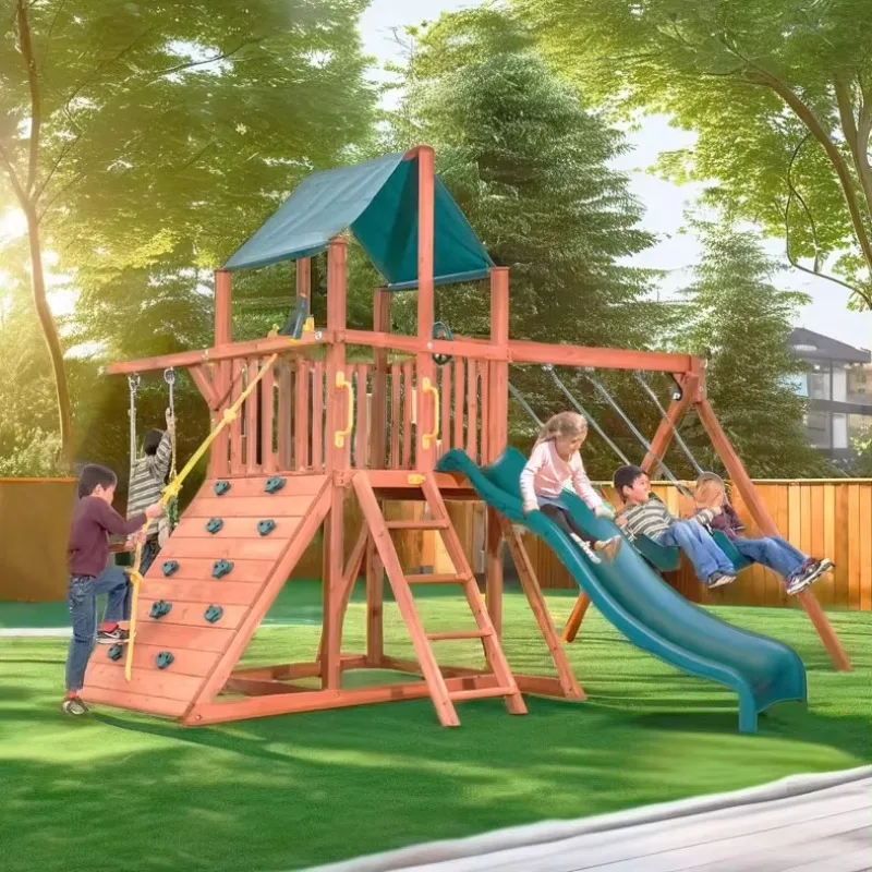 Parque infantil para niños, juegos de columpios y toboganes de madera a la venta, patio, marco de escalada de madera para exteriores, columpio de madera con accesorios de plástico