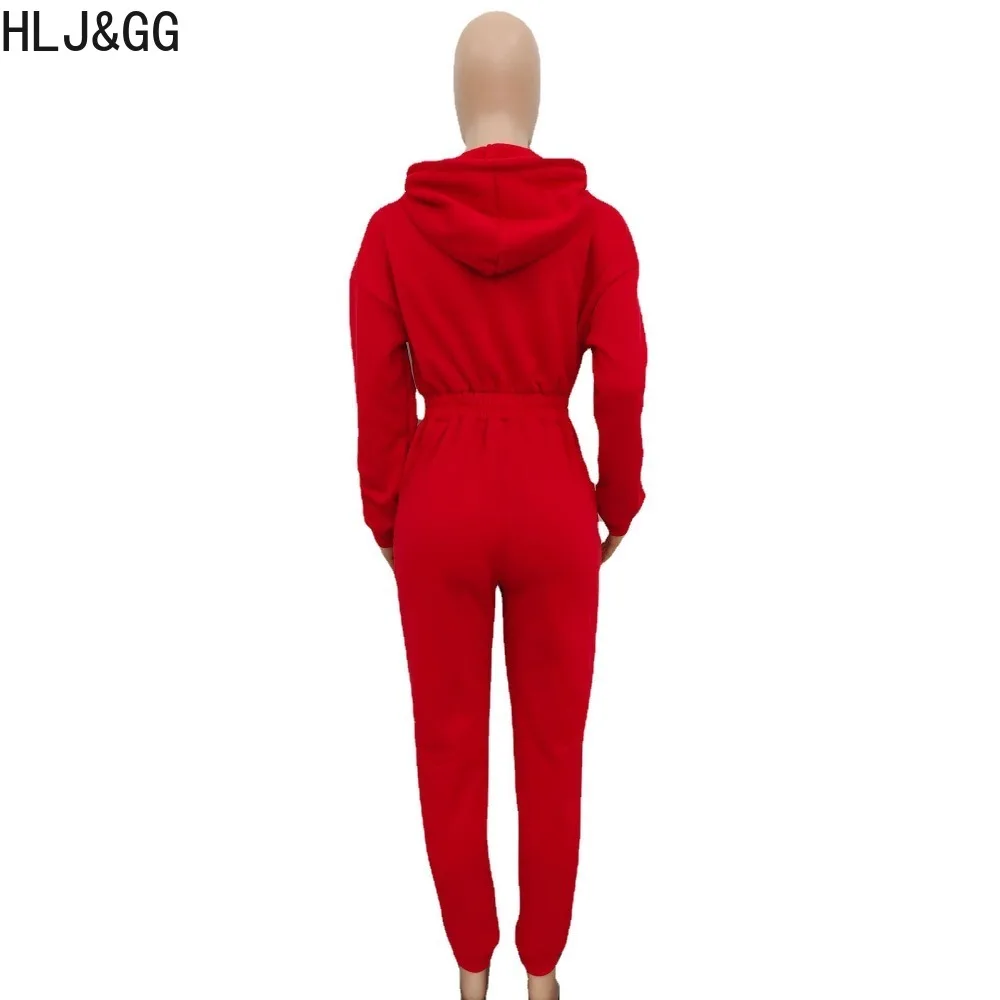 HLJ&GG Casual Solid Hooded Jogger Pants Jumpsuits Women V Neck Zip Long Sleeve Pocket Playsuits Female Sporty One Piece Overalls