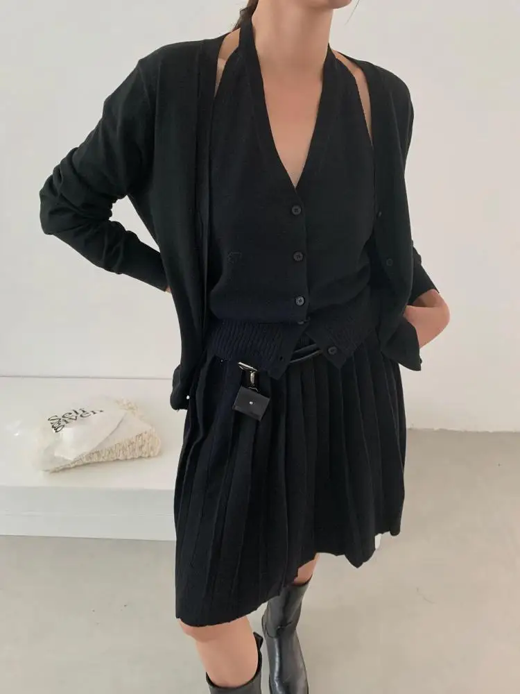 

Осень-зима, женский однотонный кардиган, свитер, пальто + однобортный жилет, вязаный топ и плиссированная мини-юбка с высокой талией, комплект из трех предметов