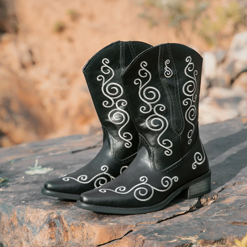 

Модные черные удобные ботинки с вышивкой, мужские ковбойские ботинки в западном стиле, обувь для мужчин и женщин, мотоциклетные ботинки больших размеров
