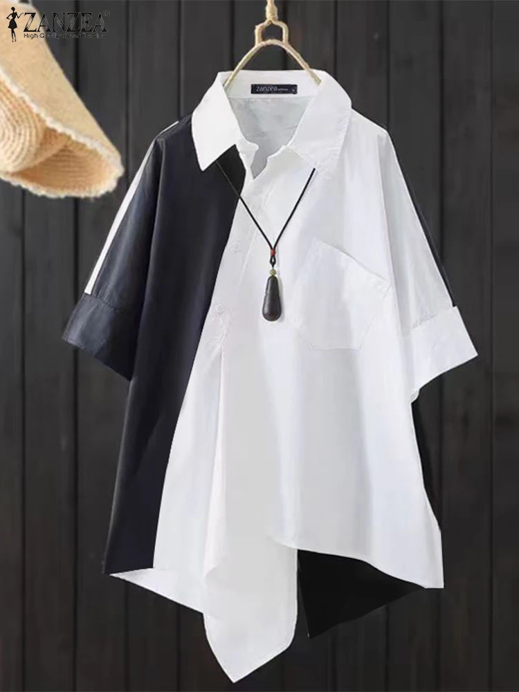 ZANZEA-Blusa con cuello de solapa para mujer, camisa con dobladillo Irregular, estilo coreano, holgada e informal, con bolsillos, para vacaciones