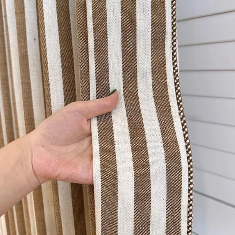 New Cotton and Linen Vertical Stripe Coffee Jacquard Curtains for Living Room Bedroom French Window Customized Finished