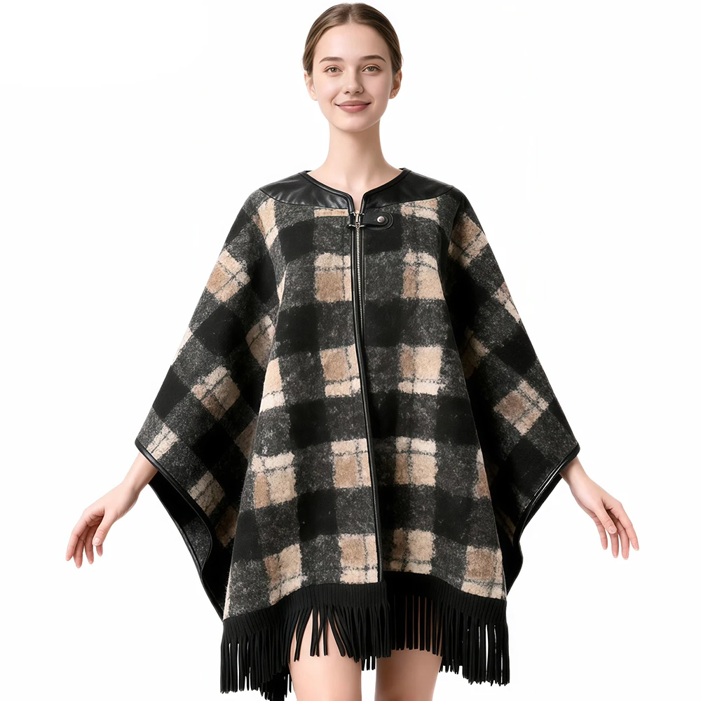 Retro Fringed Leather Collar Patchwork Knitted Sweater Coat For Women Leopard Printed Shawl Cape Outerwear Long Poncho Cloak