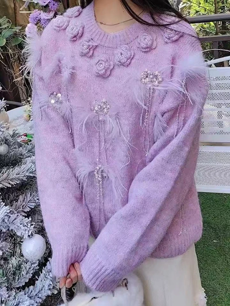 High-end Wool Blended Knitted Pullovers 3D Flowers Crystal Tassel Genuine Fur Stitch Sweater Women's Autumn Outwears Jumpers