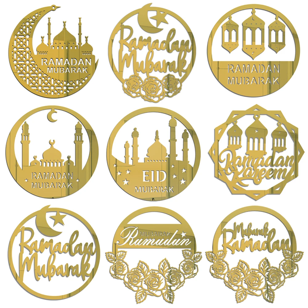 Ramadan Acrylic Gold Hanging Pendant Moon Star Lantern Eid Mubarak Hanging Hollow Decor Happy Eid Sign for Muslim Islamic Party