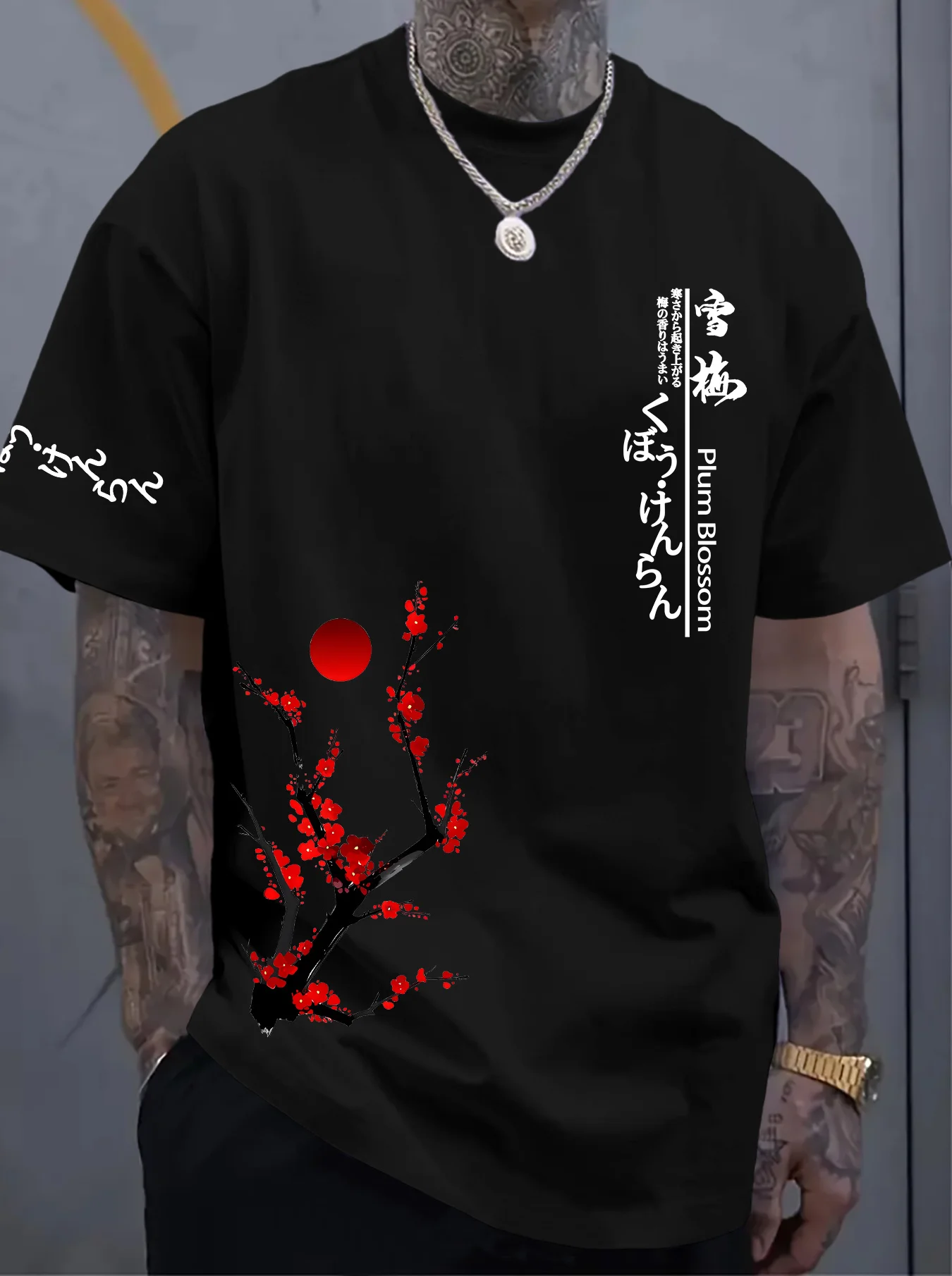 Creative new American men's summer letter cherry blossom sunset print soft and breathable round neck T-shirt outdoor casual top