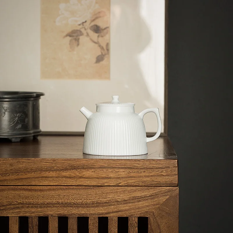 Suet Jade Teapot High-grade White Porcelain Tea Maker Closed Water Teapot White Vertical Pattern Single Teapot Tea Kettle