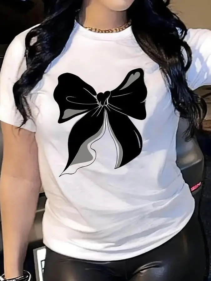 Gothic Black Bow Print T Shirt Women Aesthetic Ribbon Graphic Tees Harajuku Casual Short Sleeve Top Female Clothing