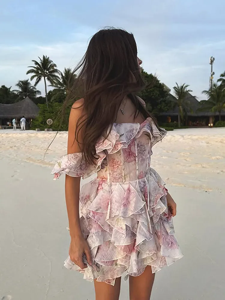 Mode Blume Gedruckt Rüschen Mini Kleid Für Frauen Chic Chiffon Bodycon Hohe Taille Vestidos 2025, Dame Urlaub Straße Kleider Neue
