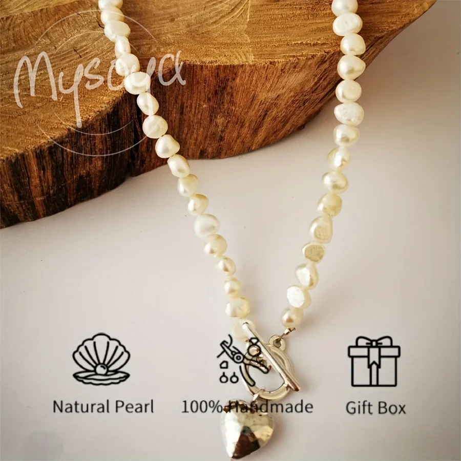 

Ожерелье Mysoya с пресноводным жемчугом в форме серебристого сердца, жемчужины 5-6 мм, в подарочной коробке, для него и для нее, на дни рождения, День святого Валентина, свадьбы