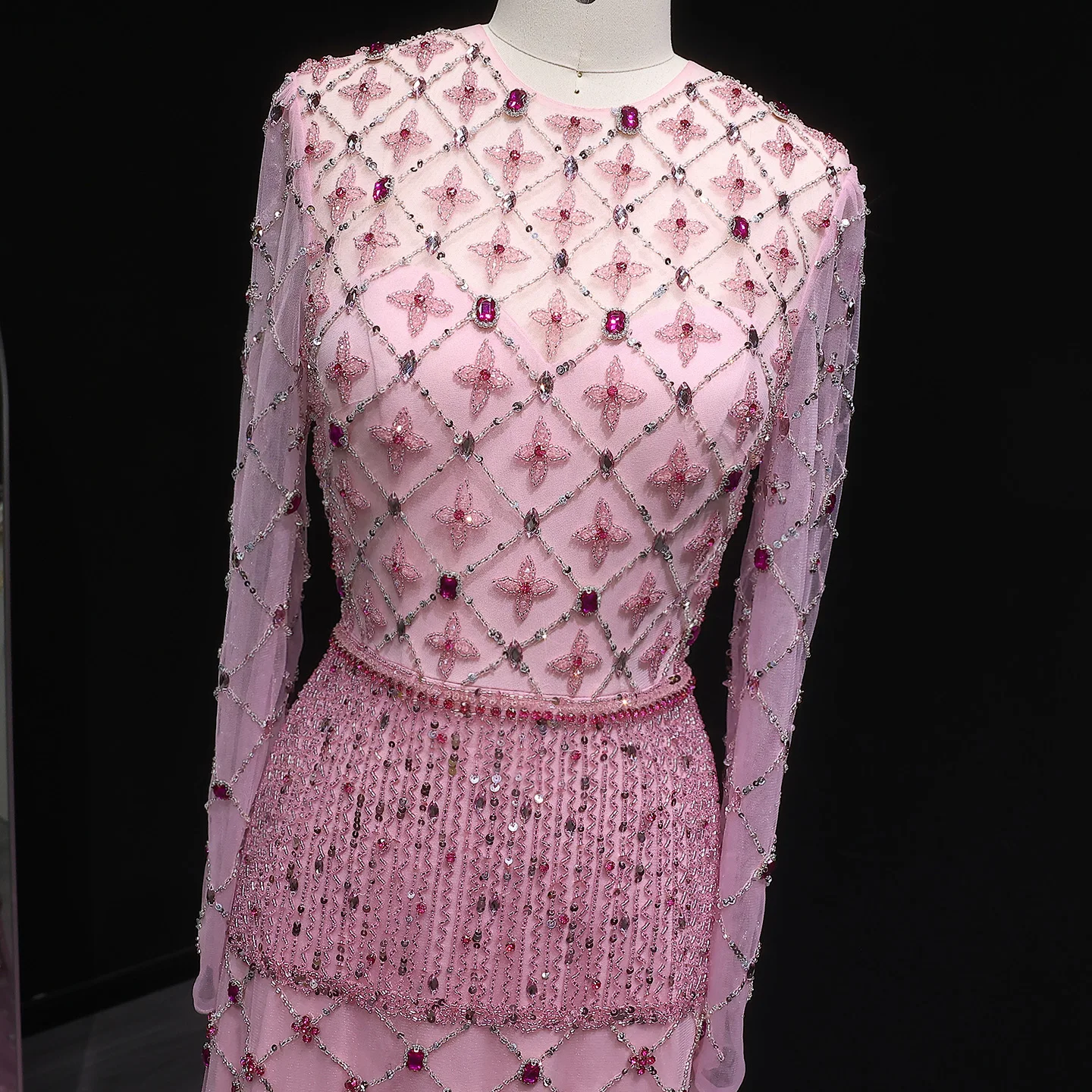 Sharon Said Abito da sera di lusso con perline rosa Manica lunga Dubai Elegante arabo Abiti da ballo per feste per le donne SS220 Personalizzato