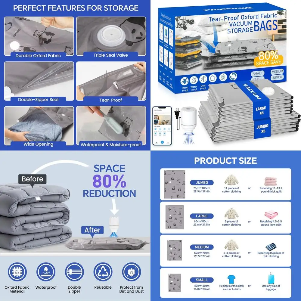 

Jumbo & Large Oxford Fabric Tear-Proof Vacuum Bags with Pump for Travel, Clothing, and Storage