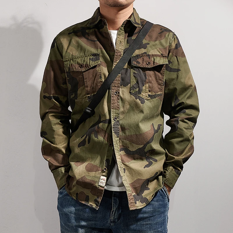 Military Style Camouflage Shirt Men Spring Fall New Fashion Multi Pocket Cargo Blouse Vintage Casual Loose Versatile Cotton Tops