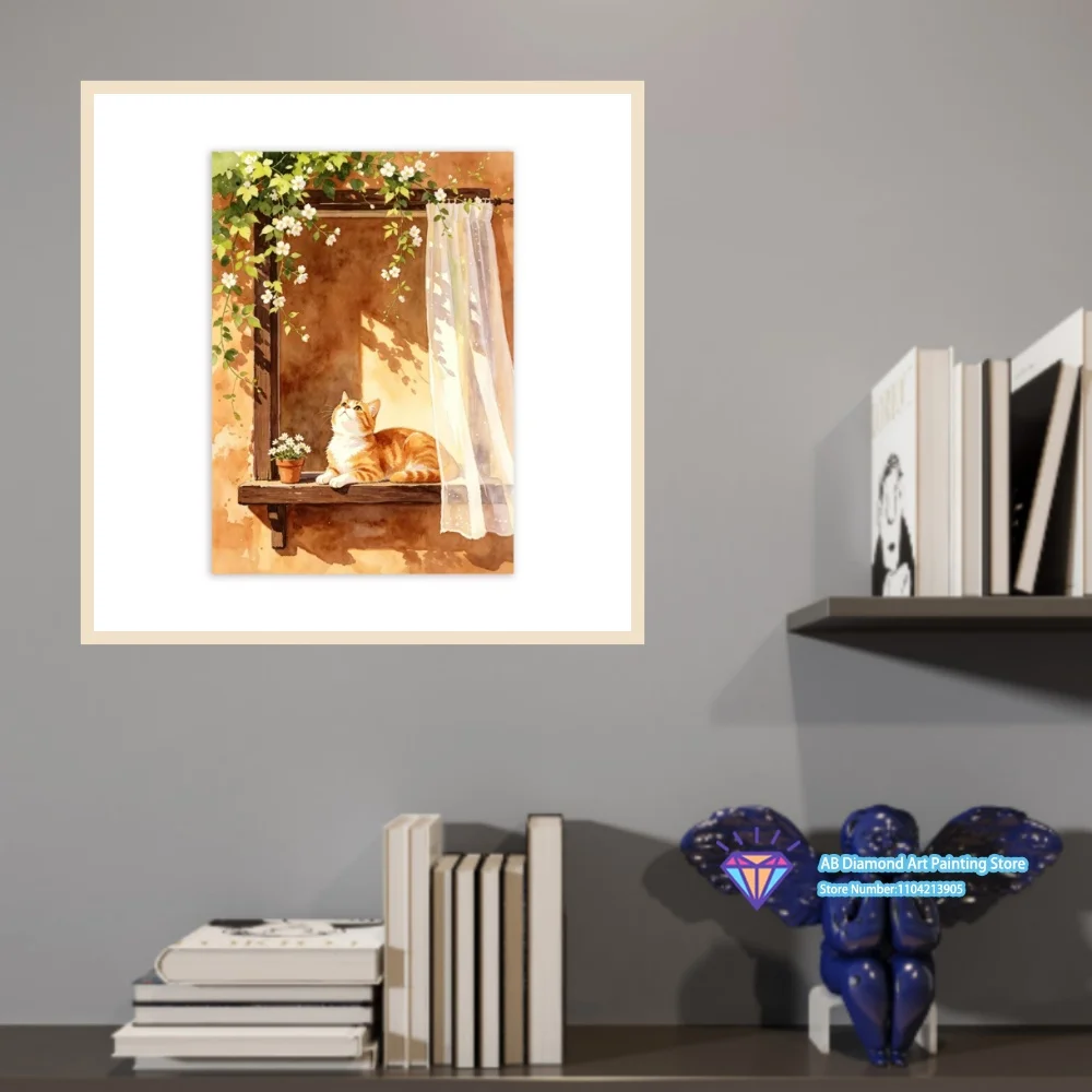 Window Cat Green Leaf Art 5D DIY Diamond Painting Set with Square and Round Diamonds Handmade Crafts Home Decor Gifts