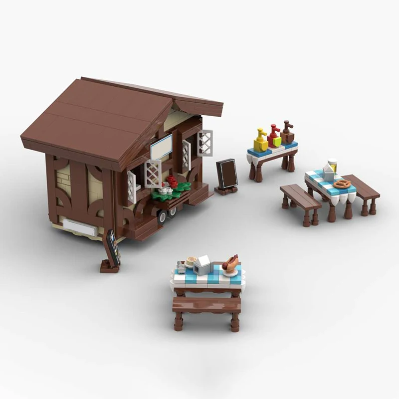 696pcsCity Hot Sale Street Scene Moc Bavaria House Market Stall Food Trailer DIY Creative Kids Toy Birthday Gift Building Blocks