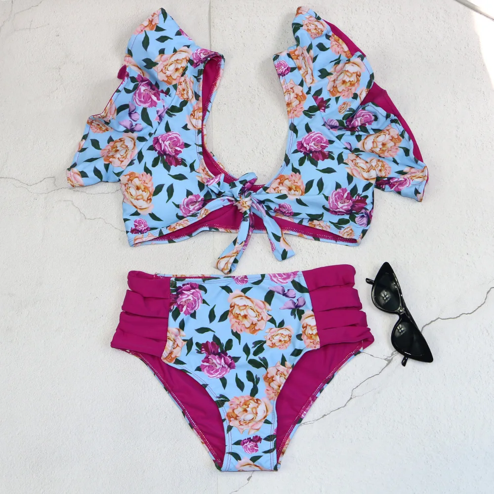Rüschen Badeanzug mit hoher Taille 2 Stück Bikinis Sets Frauen 2024 Biqunis Beach wear Badeanzug Print Monokini Sommer Badeanzug