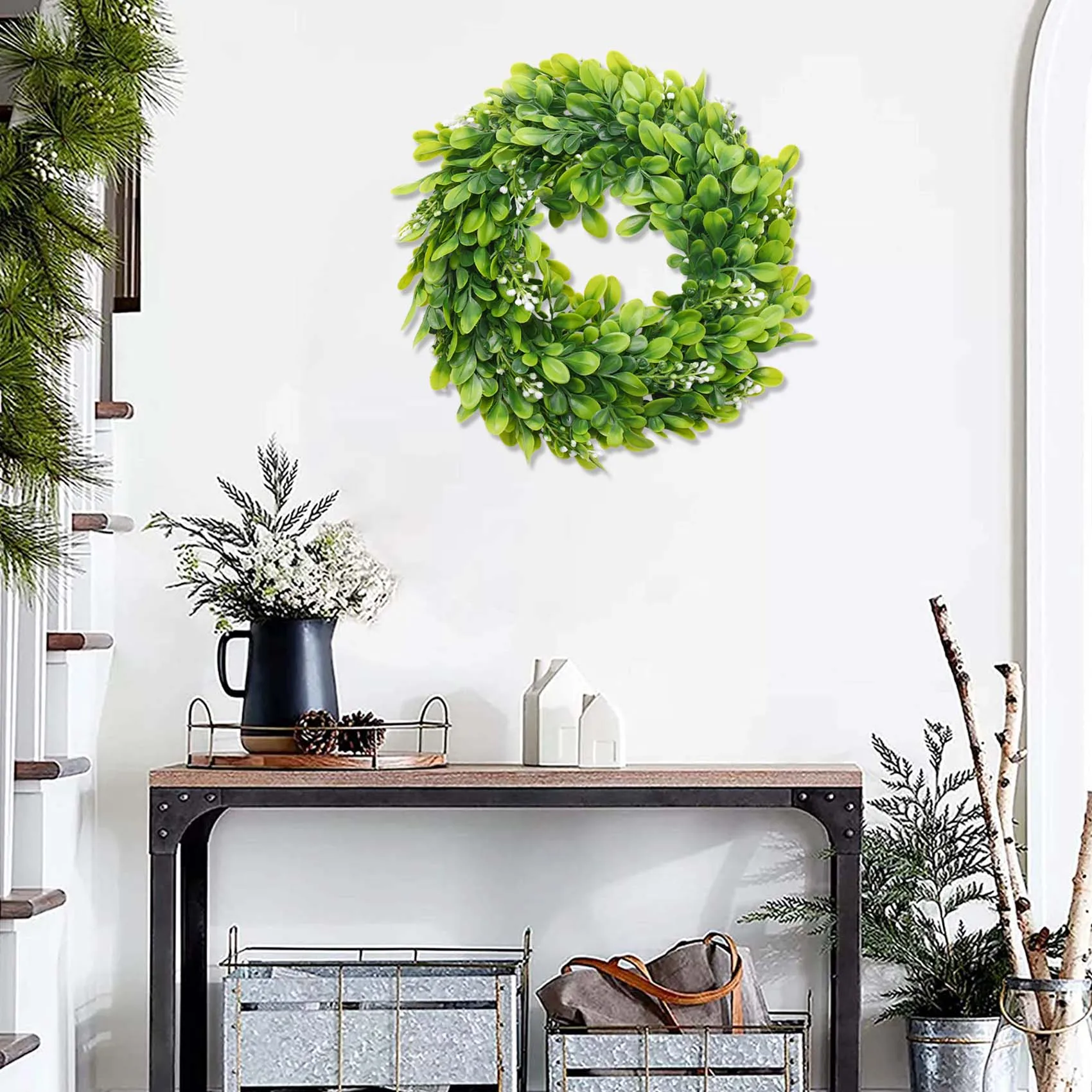 A98U 2 Pack Artificial Boxwood Wreath Faux Artificial Green Leaves Wreath Front Door Hanging Wreath Decoration, 10 Inches