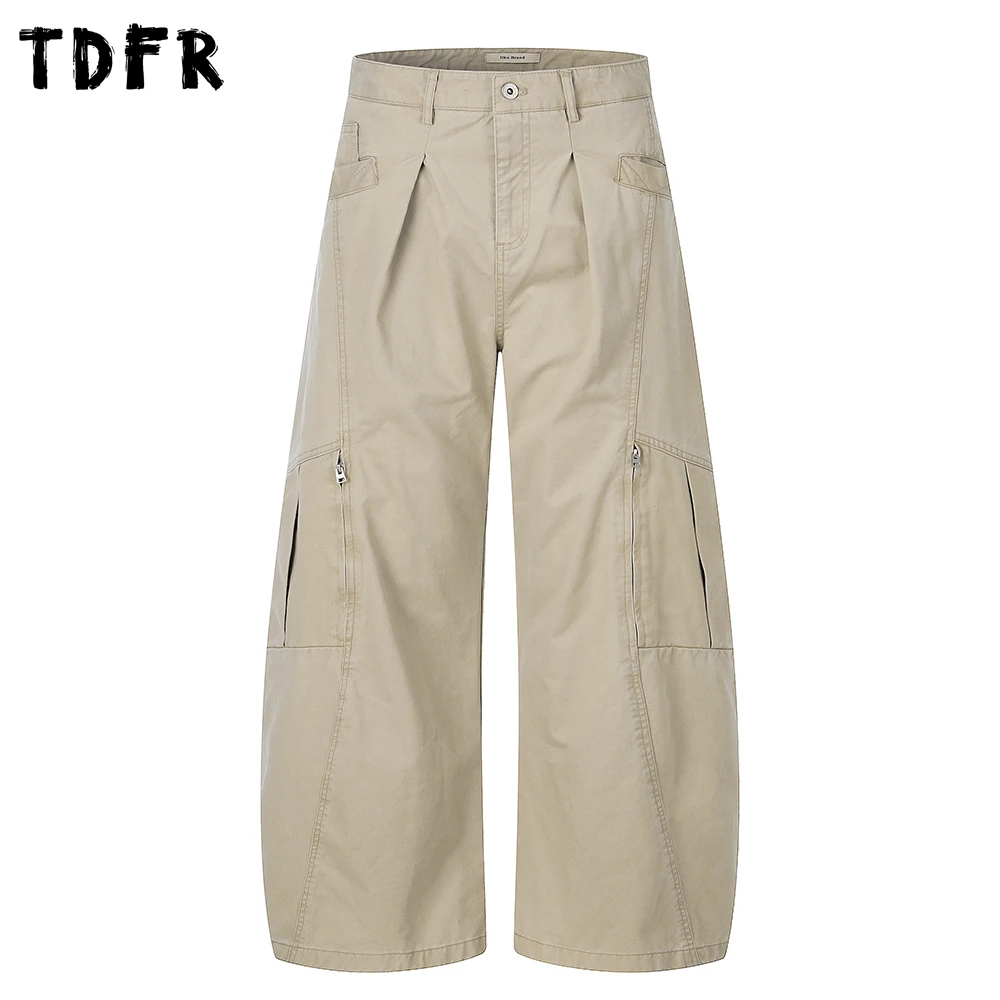 Multi-Pocket Scimitar Pants Mens Pleated  Solid Color Retro Safari Style Baggy Wide Leg Cargo Trousers Man