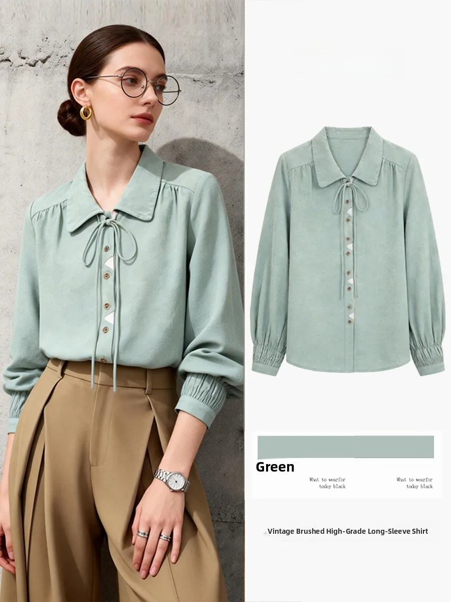 

Retro Style Women's Long Sleeve Shirt Faux Fur Trimmed Belted Slim Fit Stand Collar Elegant Top Polyester Fiber Non-Stretch