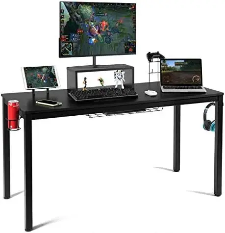 

55" Large Computer Desk Gaming Desk, Ergonomic Gamer Table with Monitor Cup Holder Tablet Board Headphone Hook & Baske Reading
